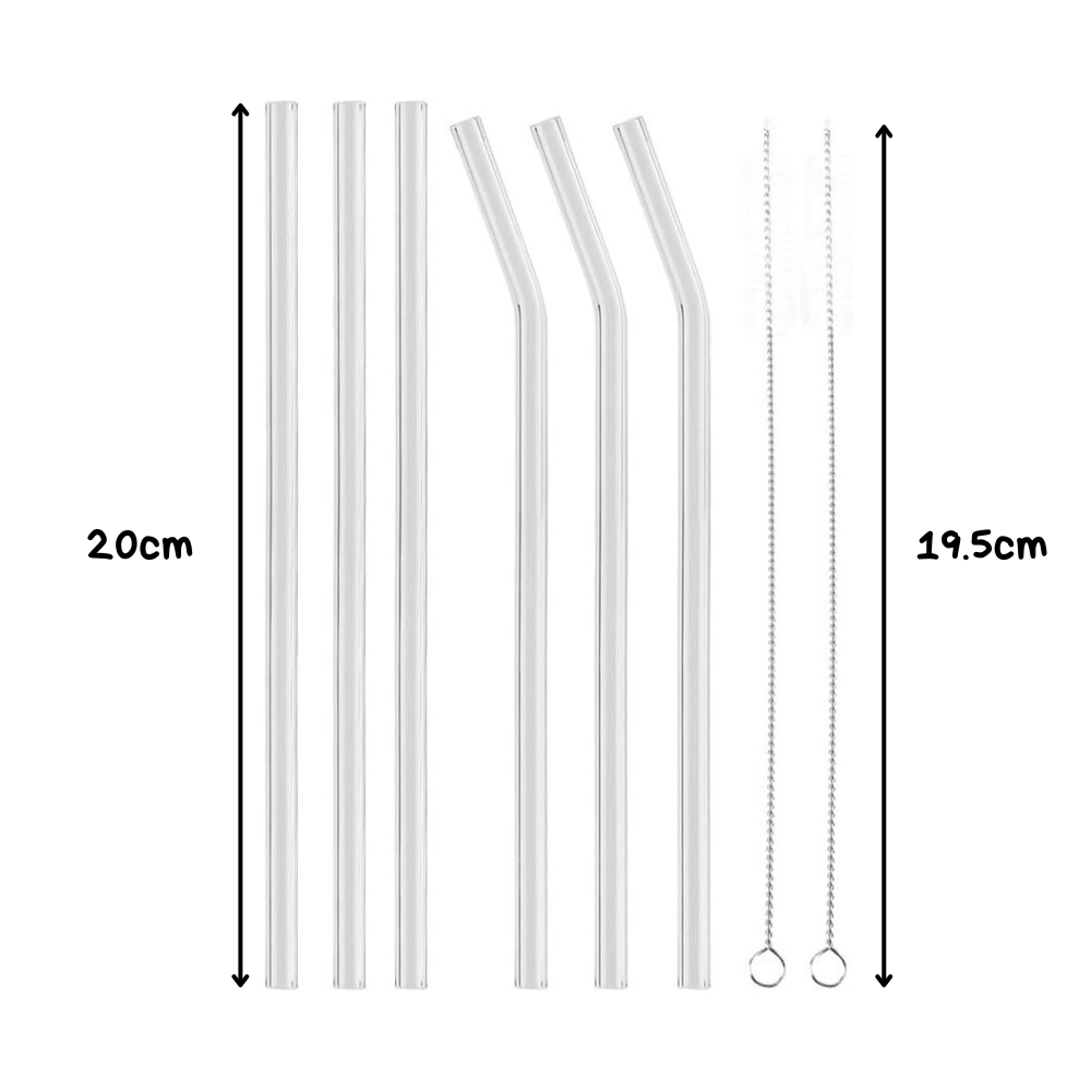 Set de 6 Popotes de Vidrio + 2 Cepillos de Limpieza (8pzas)