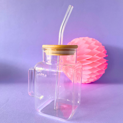 Vaso de Vidrio - Cube con Tapa y Popote