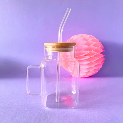 Vaso de Vidrio - Cube con Tapa y Popote