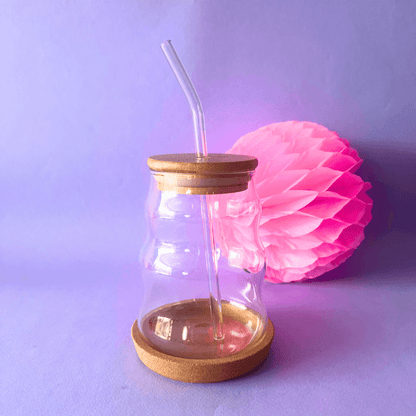 Vaso de Vidrio - Wave con Tapa, Popote y Posavasos