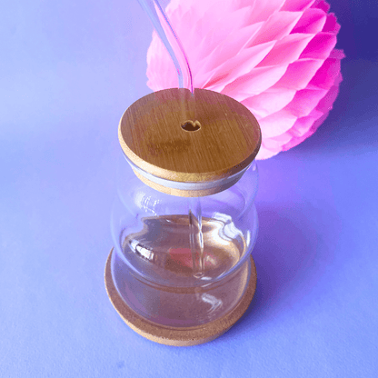 Vaso de Vidrio - Wave con Tapa, Popote y Posavasos