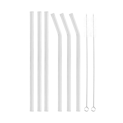 Set de 6 Popotes de Vidrio + 2 Cepillos de Limpieza (8pzas)