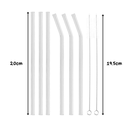Set de 6 Popotes de Vidrio + 2 Cepillos de Limpieza (8pzas)