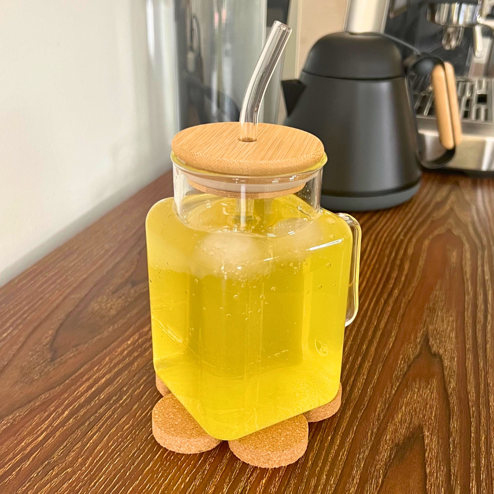 Vaso de Vidrio - Cube con Tapa y Popote