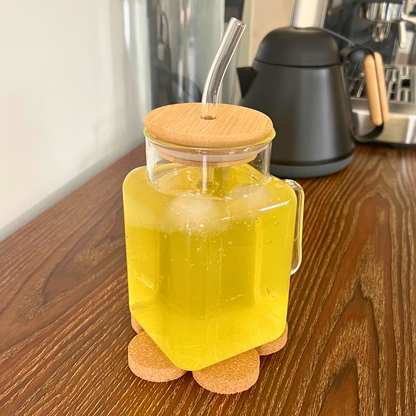 Vaso de Vidrio - Cube con Tapa y Popote