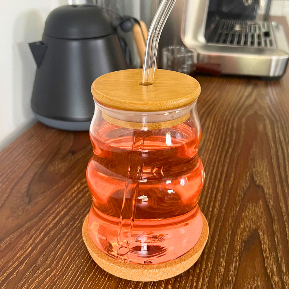 Vaso de Vidrio - Wave con Tapa, Popote y Posavasos