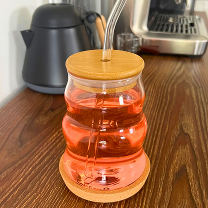 Vaso de Vidrio - Wave con Tapa, Popote y Posavasos