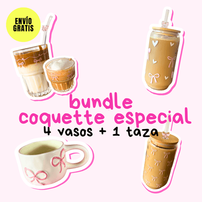 Bundle Coquette Especial: 1 Taza + 4 vasos + 3 popotes